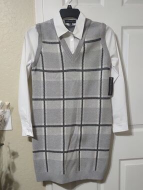Novelty Stitch Grey Plaid V-Neck Sweater Dress with White Shirt Size S New